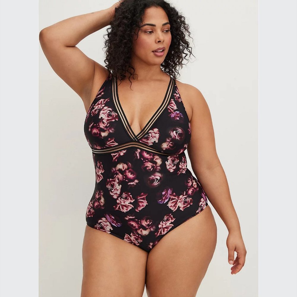 Torrid One Piece Triangle Swimsuit - Mesh Rose Print Size 4